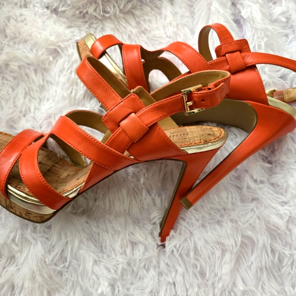Elegant Orange Geniune Leather Strappy Stiletto